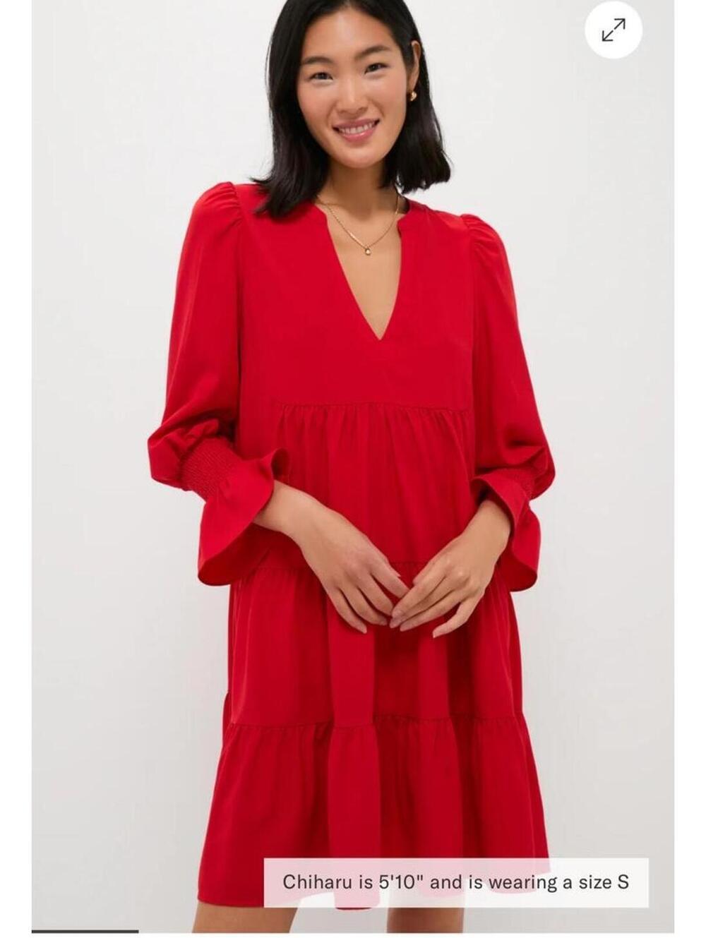 Pomander Place Tuckernuck Red Crepe Kenzo Dress smocked cuffs tiered skirt XS